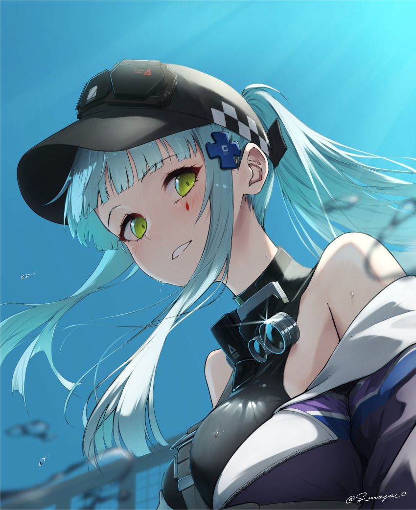 1girl absurdres bare_shoulders baseball_cap blue_jacket blue_sky blunt_bangs blurry blurry_background commentary_request cross_hair_ornament from_below girls&#039;_frontline girls&#039;_frontline_2:_exilium green_eyes grey_hair grin hair_ornament hat highres hk416_(girls&#039;_frontline) jacket klukai_(girls&#039;_frontline_2) light_blush looking_at_viewer outdoors ponytail s-masa_7131 sidelocks sky smile solo sweat tattoo teardrop_tattoo twitter_username unzipped upper_body