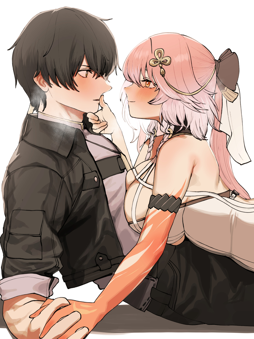 1boy 1girl absurdres bare_shoulders black_bow black_collar black_hair black_jacket black_pants blush bow braid breasts breath changli_(wuthering_waves) chroong closed_mouth collar collared_jacket colored_extremities commentary eye_contact from_side girl_on_top grey_shirt hair_bow hair_extensions hair_ornament hand_grab highres interlocked_fingers jacket large_breasts long_hair looking_at_another male_rover_(wuthering_waves) multicolored_hair no_jacket pants pink_hair red_hands ring_hair_extensions rover_(wuthering_waves) shirt simple_background sleeves_rolled_up smile thumb_to_mouth twin_braids two-tone_hair white_background white_hair wuthering_waves yellow_eyes