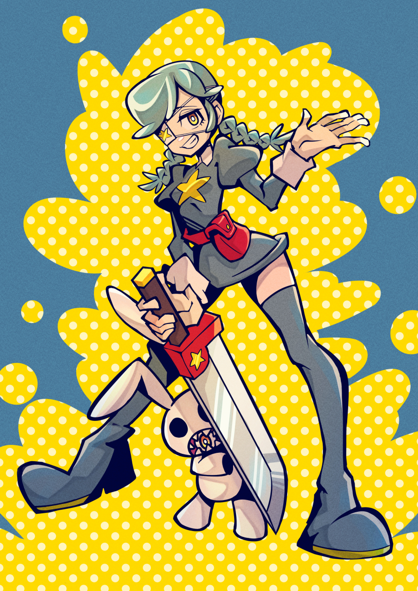 1girl absurdres annie_(skullgirls) belt_pouch blue_background boots braid dotted_background full_body green_hair grin highres holding holding_weapon juliet_sleeves long_sleeves onozawa_(buresu21) pouch puffy_sleeves sagan_(skullgirls) skirt skullgirls smile solo sword thigh_boots twin_braids waving weapon yellow_background yellow_eyes