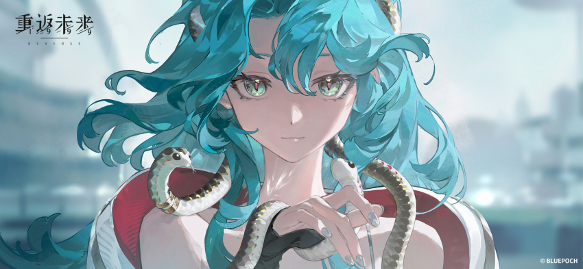 1girl aqua_eyes blue_hair blurry blurry_background copyright_name copyright_notice grey_jacket grey_nails hand_up highres hissabeth jacket logo long_hair looking_at_viewer off_shoulder official_art official_wallpaper reverse:1999 slit_pupils smile snake snake_on_head solo upper_body