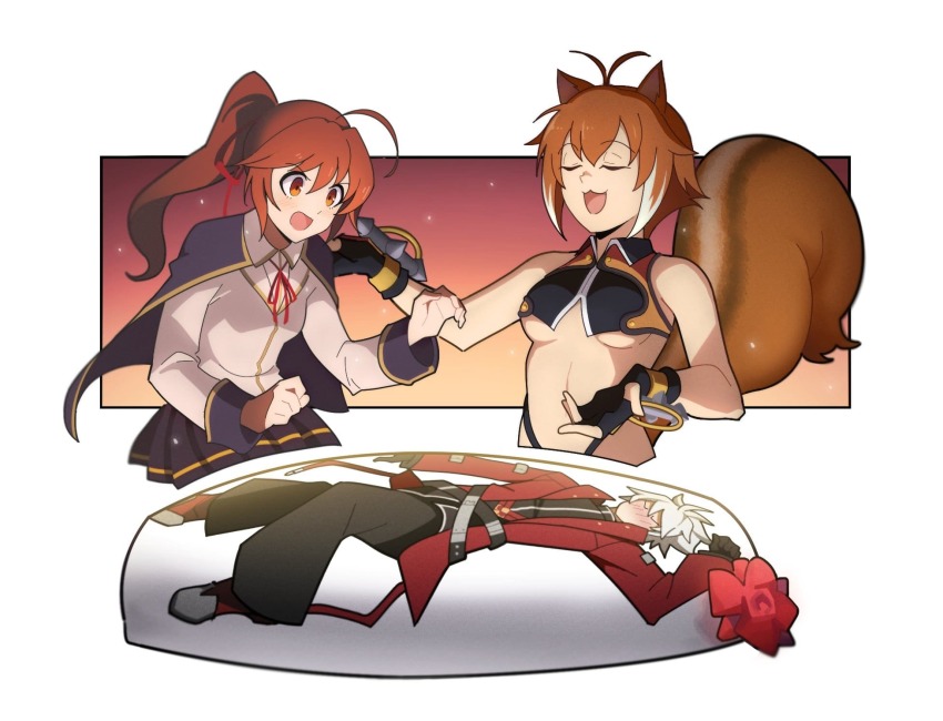 animal_ears birthday blazblue blush body_pillow breasts brown_hair cape celica_a._mercury commission gift gloves hair_ornament highres makoto_nanaya open_mouth pillow ponytail presenting ragna_the_bloodedge ribbon short_hair skirt sleepy_frippy squirrel_ears squirrel_girl squirrel_tail tail underboob