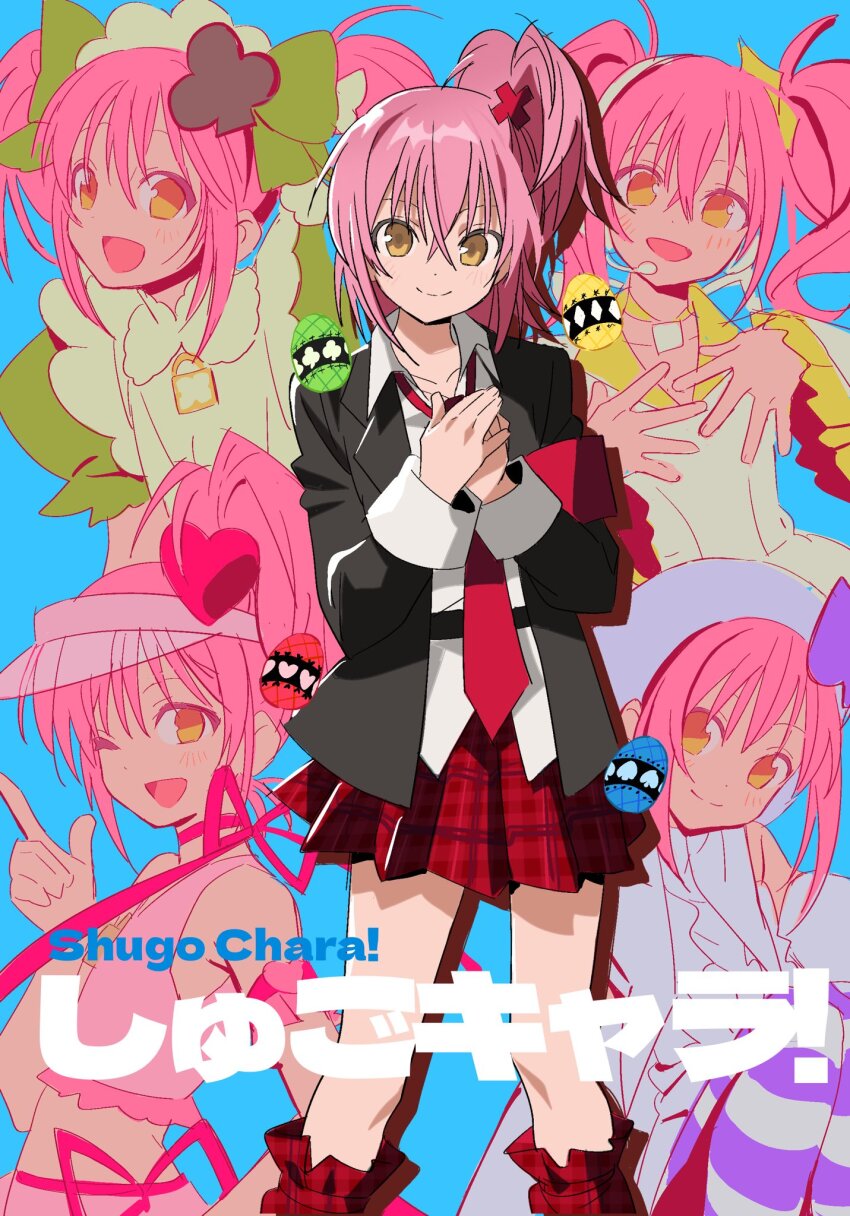 1girl armband betti_(xx_betti) black_jacket blue_background choker closed_mouth collared_shirt copyright_name corrupted_twitter_file highres hinamori_amu jacket looking_at_viewer necktie one_eye_closed one_side_up pink_hair plaid_clothes plaid_skirt pleated_skirt red_armband red_necktie red_skirt shirt short_hair shugo_chara! simple_background skirt sleeve_cuffs smile twintails visor_cap white_shirt yellow_eyes