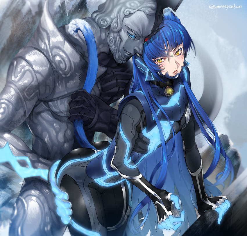 2boys androgynous animal_ears ass asymmetrical_hair bell blue_eyes blue_hair blush bodysuit cat_ears cat_tail commentary_request cowboy_shot glowing grabbing_another&#039;s_ass groping highres leaning_forward looking_at_viewer male_focus multiple_boys neck_bell parted_lips red_eyes shin_megami_tensei shin_megami_tensei_v split_theme tail tail_grab thighs twitter_username umeeeyoukan yaoi yellow_eyes zeus_(megami_tensei)