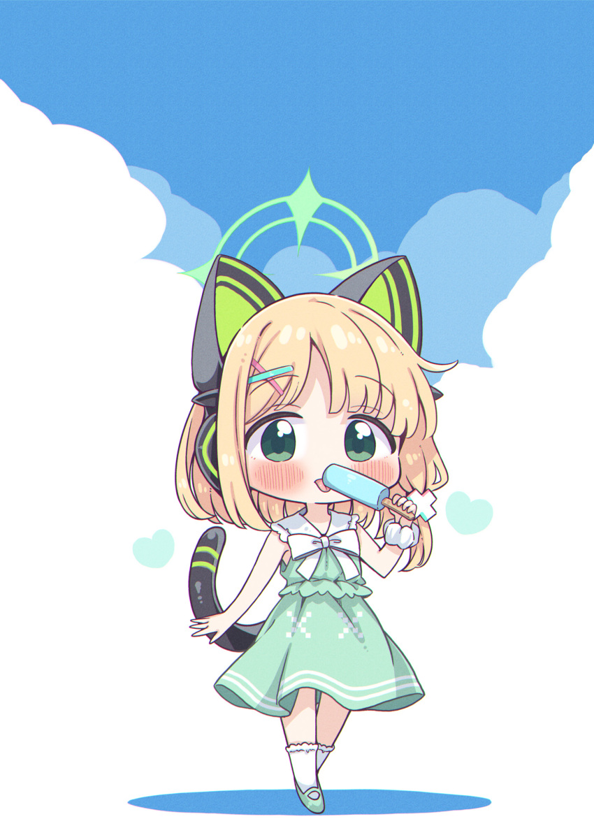 1girl animal_ear_headphones animal_ears blonde_hair blue_archive blush bow bowtie cat_ear_headphones cat_ears chibi chibi_only chromatic_aberration colored_shadow commentary_request dress fake_animal_ears food frilled_dress frills full_body green_dress green_eyes green_halo green_shoes hair_ornament hairclip halo headphones heart highres holding holding_food holding_popsicle holding_stick licking looking_at_viewer low-tied_sidelocks medium_hair midori_(blue_archive) official_alternate_costume parted_bangs popsicle popsicle_stick sailor_collar sailor_dress scrunchie shadow shoes sidelocks sleeveless sleeveless_dress socks solo standing stick tail_raised takahero tongue tongue_out white_bow white_bowtie white_sailor_collar white_scrunchie white_socks wrist_scrunchie x_hair_ornament