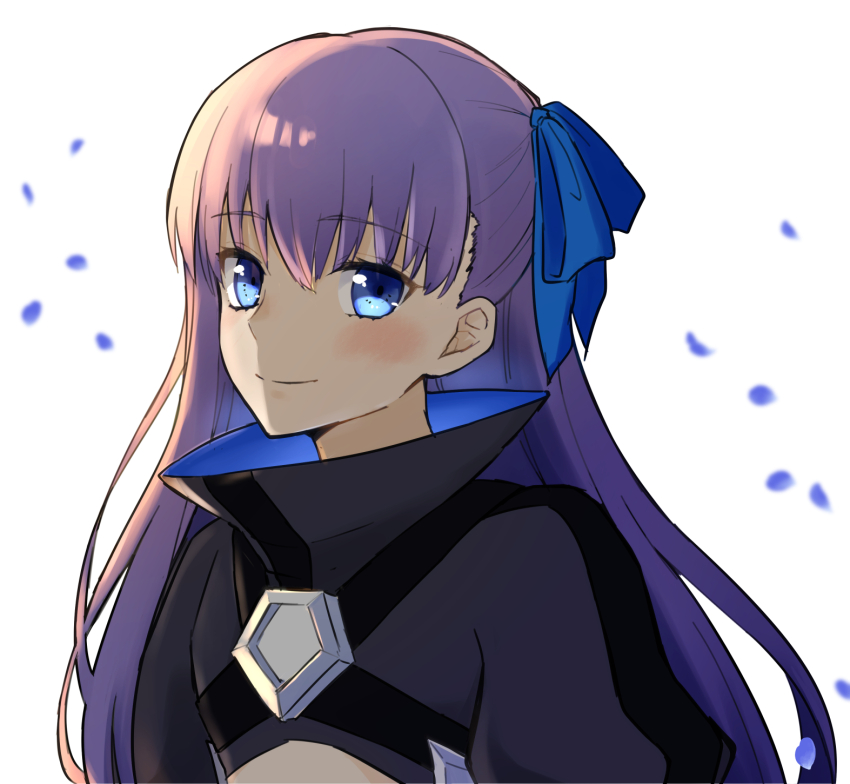 1girl black_jacket blue_eyes commentary_request crop_top cropped_jacket fate/extra fate/extra_ccc fate_(series) flat_chest hair_ribbon highres jacket long_hair meltryllis_(fate) petals purple_hair ribbon smile solo torinonest
