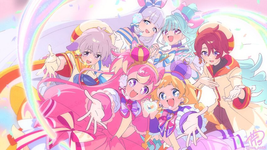 2boys 4girls animal_ears april_fools aqua_hair aqua_hat aqua_nails bare_shoulders belt belt_buckle beret black_belt blonde_hair blue_crown blue_eyes blue_hairband blue_nails blue_neckerchief blunt_bangs blush bow bow_choker bow_earrings bowtie braid bright_pupils brown_hair buckle buttons capelet choker clothing_cutout commentary_request confetti cowboy_shot crown crown_earrings cure_friendy cure_lillian cure_nyammy cure_wonderful deerstalker dot_nose dress dress_bow earrings eyelashes eyes_visible_through_hair floating_clothes frilled_dress frilled_headwear frilled_sleeves frilled_wrist_cuffs frills gloves green_brooch grey_hair grey_pants hair_between_eyes hair_bow hairband hand_on_own_chest happy hat hat_ornament headset heart heart_hands heart_hands_duo heart_hat_ornament high_side_ponytail holding_hands horizontal-striped_sleeve_cuffs interlocked_fingers inukai_iroha inukai_komugi jewelry large_bow light_blush long_hair looking_at_viewer lop_rabbit_ears low_twin_braids magical_boy magical_girl mini_crown mini_hat mini_top_hat multicolored_hair multiple_boys multiple_girls nail_polish neckerchief nekoyashiki_mayu nekoyashiki_yuki offering_hand open_mouth orange_bow orange_shirt orange_sleeve_cuffs outstretched_arm palms pants parted_bangs paru_rari paw_print pink_bow pink_bowtie pink_brooch pink_crown pink_dress pink_eyes pink_hair pink_wrist_cuffs pleated_dress precure puffy_short_sleeves puffy_sleeves purple_bow purple_bowtie purple_capelet purple_choker purple_dress purple_eyes purple_hairband purple_hat purple_wrist_cuffs rabbit_ears robe sailor_collar shirt short_dress short_sleeves shoulder_cutout sidelocks signature single_stripe smile sphere_earrings standing star_(symbol) straight_hair streaked_hair striped_bow striped_bowtie striped_clothes tareme textless_version top_hat toyama_daifuku toyama_satoru tsurime turtleneck turtleneck_shirt twin_braids twitter_username two_side_up very_long_hair wavy_hair white_background white_bow white_bowtie white_dress white_gloves white_hat white_pupils white_robe white_sleeves wonderful_precure! wrist_cuffs yellow_hairband yellow_sailor_collar
