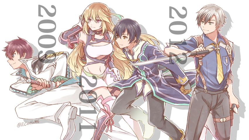 1girl 2009 2011 2012 3boys asbel_lhant bandeau black_hair blonde_hair blue_shirt boots breast_pocket brown_eyes brown_hair closed_mouth collared_shirt floating_hair green_eyes grey_hair grey_pants hand_in_own_hair hat highres holding holding_sword holding_unworn_clothes holding_unworn_hat holding_weapon holster jacket jude_mathis long_hair ludger_will_kresnik midriff milla_maxwell mishiro_(andante) multicolored_hair multiple_boys navel necktie pants pink_ribbon pocket profile red_eyes ribbon sheath sheathed shirt short_hair short_shorts shorts smile stomach sword tales_of_(series) tales_of_graces tales_of_xillia tales_of_xillia_2 thigh_boots thigh_holster twitter_username two-tone_hair unworn_hat unworn_headwear very_long_hair weapon white_background white_bandeau white_footwear white_jacket white_pants white_shorts wing_collar yellow_necktie