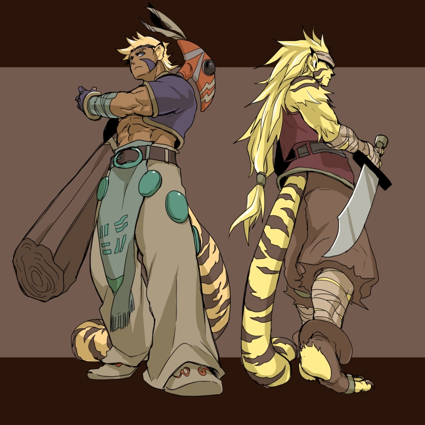 2boys animal_ears blonde_hair breath_of_fire breath_of_fire_iii breath_of_fire_iv closed_mouth cray_(breath_of_fire) facial_mark fuji_coon full_body gloves highres holding holding_knife holding_weapon in-franchise_crossover knife looking_at_viewer male_focus multiple_boys muscular muscular_male pectorals rei_(breath_of_fire) tail weapon