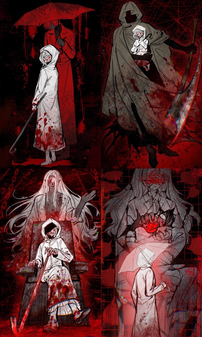 1girl 4boys absurdres aged_down axe bandage_over_one_eye bandages bandages_over_eyes bandages_over_mouth black_background black_eyes black_hair blood blood_on_clothes blood_on_face bloody_bandages bloody_weapon brown_cloak carrying censored censored_identity chain chair child child_carry chinese_commentary chinese_text cloak coat commentary_request constricted_pupils crossed_legs crowbar full_body grid_background heart_(organ) heroine_(homicipher) highres holding holding_axe holding_crowbar holding_umbrella homicipher hood hood_up lab_coat long_hair looking_at_viewer looking_back mr._gap mr._hood mr._scarletella mr._silvair multiple_boys partially_shaded_face pointy_ears raincoat red_background red_coat red_eyes red_hair red_umbrella sanjueqizhen school_uniform short_hair sitting skirt speech_bubble standing transparent transparent_umbrella umbrella very_long_hair weapon white_hair white_raincoat