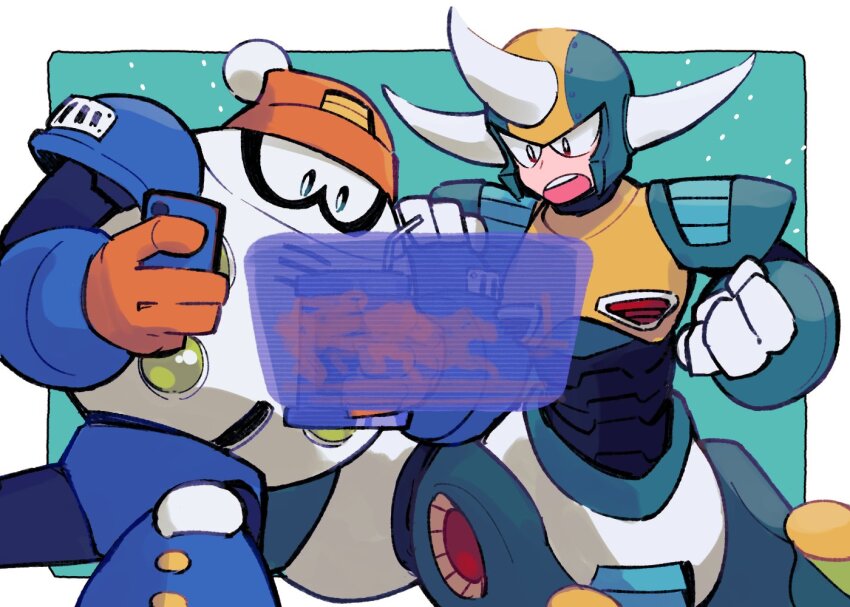 1278mkyp 2boys blizzard_man cellphone centaur centaur_man clenched_hand commentary_request fake_horns hat helmet holding holding_phone horned_helmet horns male_focus mega_man_(classic) mega_man_(series) mega_man_6 multiple_boys no_mouth phone robot smartphone taur