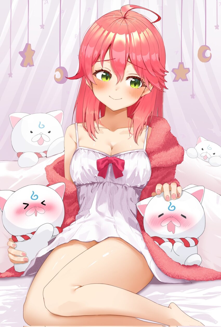 1girl 35p_(sakura_miko) ahoge blush breasts camisole cleavage closed_mouth coat collarbone fingernails green_eyes headpat highres hololive indoors long_hair nail_polish pink_coat pink_hair pink_nails sakura_miko sitting smile tashime thighs virtual_youtuber white_camisole