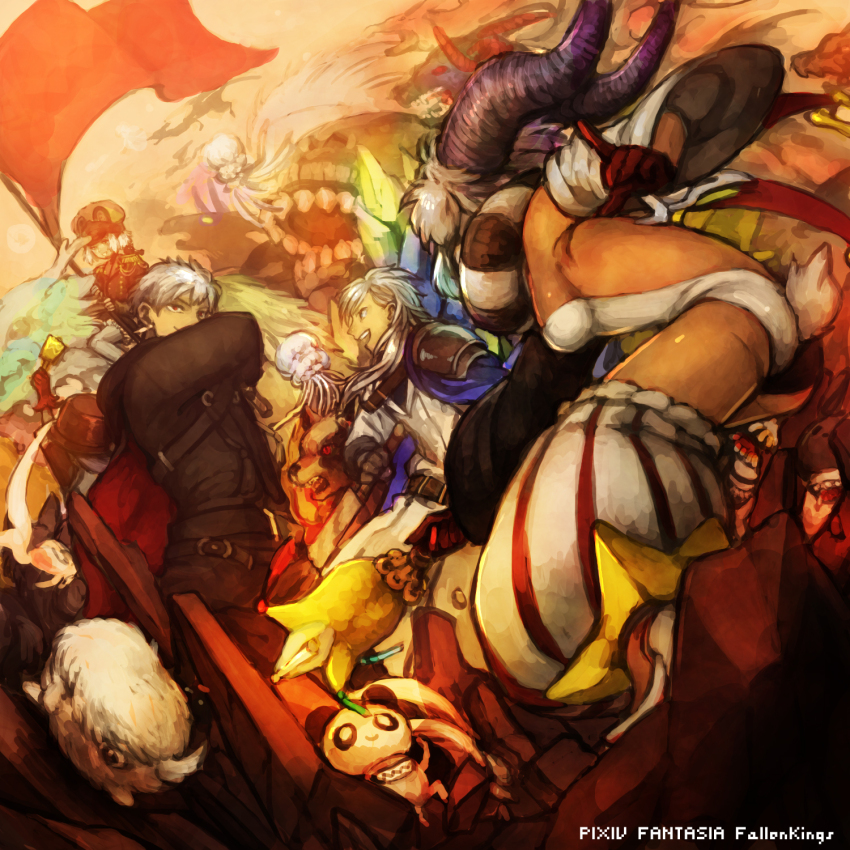 2boys 2girls akaneko_(redakanekocat) battle breasts cabbie_hat commentary_request copyright_name creature dark-skinned_female dark_skin detached_pants detached_sleeves flag gloves hat highres holding holding_flag horns leotard multiple_boys multiple_girls pixiv_fantasia pixiv_fantasia_fallen_kings red_flag red_gloves sideboob twintails white_leotard