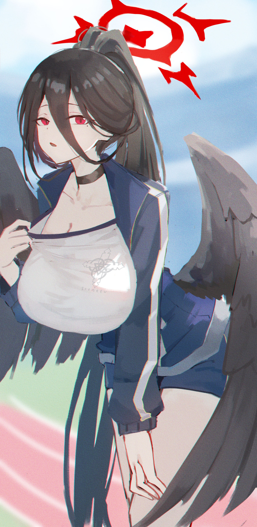 1girl absurdres black_choker black_hair black_wings blue_archive blue_jacket blue_shorts breasts choker feather_hair_ornament feathers from_side haimaotuanzi hair_between_eyes hair_ornament hasumi_(blue_archive) hasumi_(track)_(blue_archive) highres jacket large_breasts long_bangs long_hair looking_at_viewer mole mole_under_eye official_alternate_costume official_alternate_hairstyle open_mouth ponytail red_hair shirt shorts solo white_shirt wings