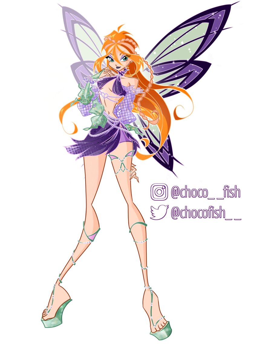 1girl ahoge alternate_costume aqua_eyes bad_id bad_twitter_id bare_shoulders barefoot_sandals_(jewelry) bloom_(winx_club) braid center_opening chocofish closed_mouth collarbone collared_shirt commentary crop_top crown_braid dark_bloom_(winx_club) detached_sleeves english_commentary eyelashes eyeshadow fairy fairy_wings fishnet_sleeves fishnets frilled_shirt_collar frilled_sleeves frills full_body green_sandals green_wings hair_between_eyes halter_shirt halterneck hand_on_own_cheek hand_on_own_face happy heart heart_o-ring high_collar highres instagram_username jewelry legs_apart light_particles lipstick long_hair long_hair_between_eyes long_sleeves magical_girl makeup messy_hair miniskirt navel o-ring orange_hair outline puffy_long_sleeves puffy_sleeves purple_eyeshadow purple_lips purple_shirt purple_skirt purple_sleeves purple_wings sandals see-through_clothes see-through_sleeves shirt side_braid side_slit simple_background skirt smile solo sophix standing stomach thighlet toes torn_clothes torn_skirt twitter_username two-tone_wings very_long_hair watermark white_background white_outline wings winx_club