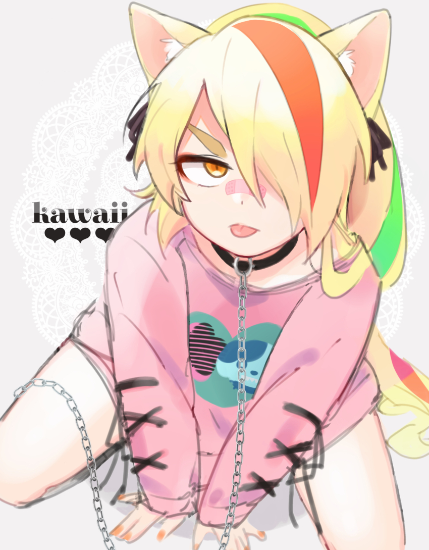 1girl animal_ear_fluff animal_ears bandaid bandaid_on_face bandaid_on_nose black_collar blonde_hair cat_ears chain chain_leash collar commentary_request doily fingernails from_above green_hair hair_over_one_eye hair_ribbon half-closed_eye heart highres kemonomimi_mode leash long_hair long_sleeves looking_at_viewer looking_up multicolored_hair nikaidou_saki orange_eyes orange_hair orange_nails pink_bandaid pink_sweater ponytail ribbon romaji_text romero_(zombie_land_saga) simple_background solo streaked_hair sweater tabasco_pancake v-shaped_eyebrows very_long_hair zombie_land_saga