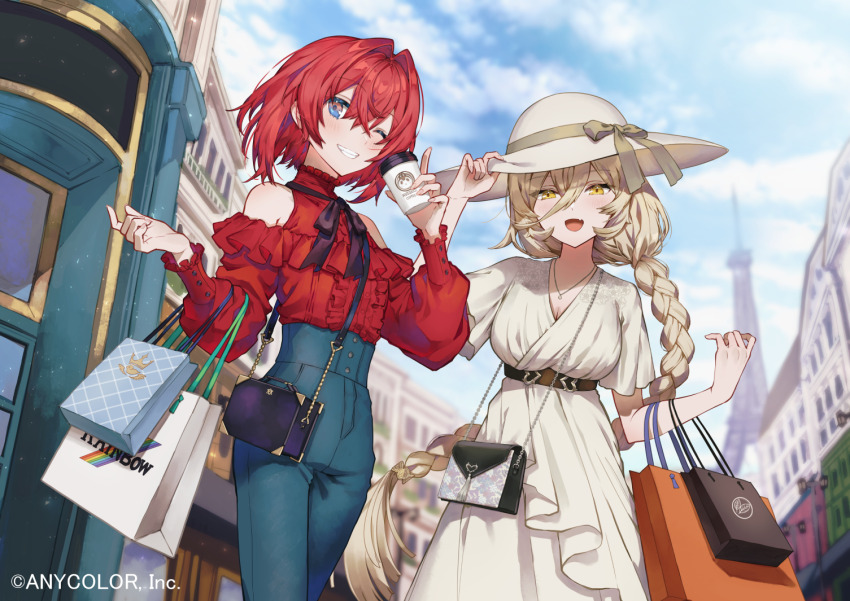 2girls :d ange_katrina bag banken_(inui_toko) bare_shoulders belt black_bag black_ribbon blonde_hair blue_bag blue_eyes blue_pants blue_sky blurry blurry_background blush breasts brown_belt building center_frills cleavage cloud cloudy_sky collar commentary_request copyright_name copyright_notice cowboy_shot crossed_bangs cup disposable_coffee_cup disposable_cup dress eiffel_tower fang frilled_collar frilled_shirt frills fujimi_nanna grey_ribbon grin hair_between_eyes hair_intakes hand_on_own_hat handbag hands_up hat hat_ribbon high-waist_pants holding holding_cup jewelry lamppost large_breasts light_particles long_bangs long_braid long_dress long_hair long_sleeves looking_at_viewer multiple_girls neck_ribbon necklace nijisanji nui_sociere official_alternate_costume official_alternate_hairstyle official_art one_eye_closed open_mouth orange_bag outdoors pants paris red_hair red_shirt ribbon road sebastian_piyodore shirt shopping shopping_bag short_hair short_sleeves shoulder_bag skin_fang sky small_breasts smile standing street sun_hat underbust very_long_hair virtual_youtuber white_bag white_dress white_hat wide_brim yellow_eyes