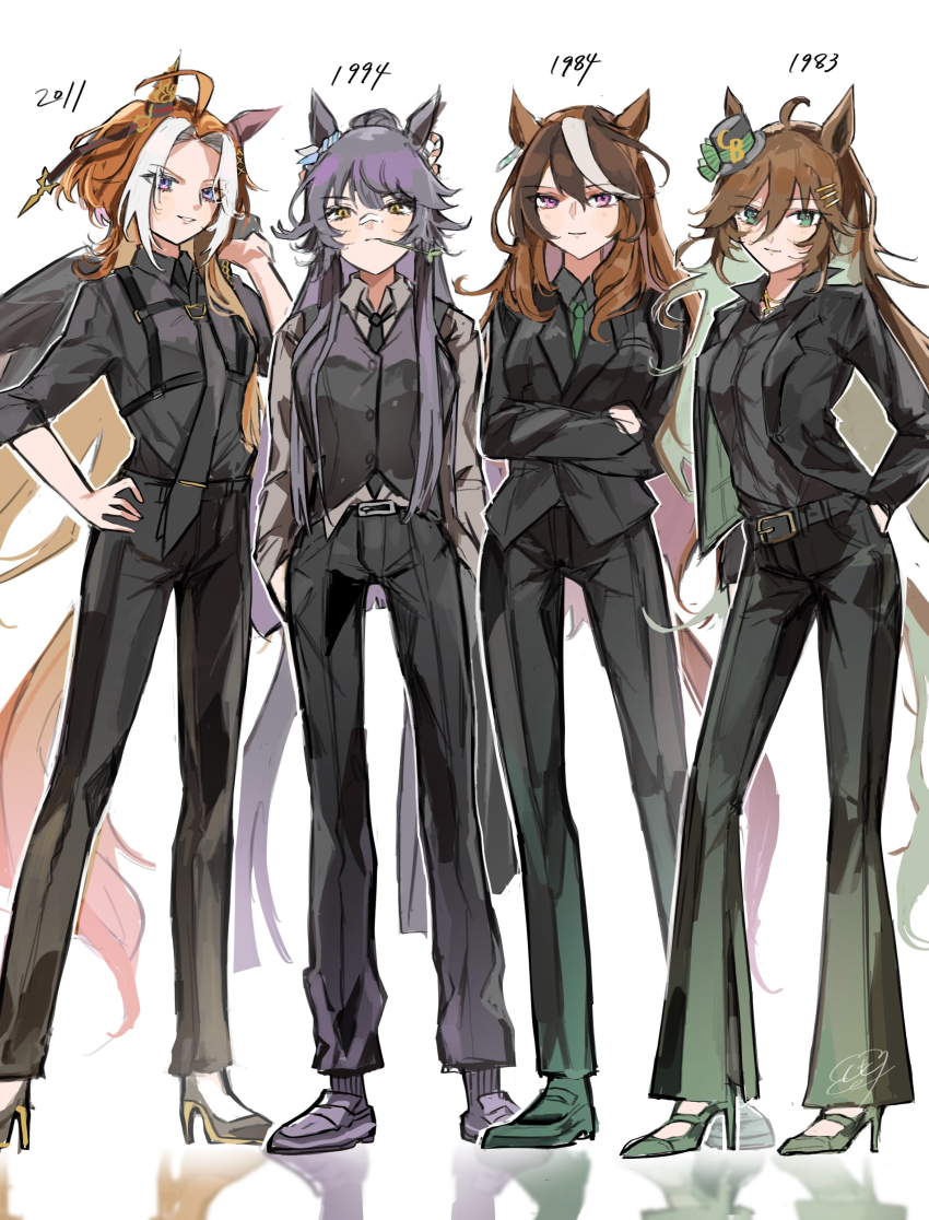1983 1984_(year) 1994 2011 4girls absurdres ahoge alternate_costume animal_ears aqua_eyes belt black_belt black_hair black_jacket black_necktie black_shirt black_shoes black_vest brown_hair closed_mouth collared_shirt commentary_request crossed_arms dress_pants ear_ornament earrings formal_clothes full_body green_necktie green_shoes grey_shirt grin hair_between_eyes hair_ornament hand_in_pocket hand_on_own_hip hands_in_pockets high_heels highres holding holding_jacket holding_unworn_clothes horse_ears horse_girl horse_tail jacket jacket_on_shoulders jewelry kumo_(mokumoku_warabi) long_hair long_sleeves mouth_hold mr._c.b._(umamusume) multicolored_hair multiple_girls narita_brian_(umamusume) necklace necktie orfevre_(old_design)_(umamusume) ponytail purple_eyes purple_shoes reflection rope shimenawa shirt shoes simple_background single_earring smile stalk_in_mouth streaked_hair suit suspenders symboli_rudolf_(umamusume) tail tilted_headwear umamusume unworn_jacket very_long_hair vest white_background white_hair yellow_eyes
