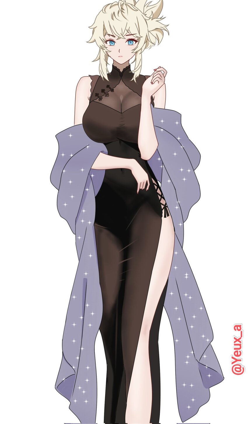 1girl abe_(nikke) alternate_costume black_dress black_gown blonde_hair blue_eyes breasts cleavage covered_navel dress evening_gown goddess_of_victory:_nikke gown highres see-through_cleavage see-through_clothes simple_background solo twitter_username white_background yeux_a