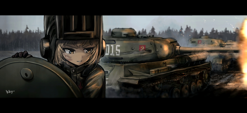 1girl absurdres black_gloves blonde_hair blue_eyes emblem firing forest girls_und_panzer gloves hatch highres is-2 katyusha_(girls_und_panzer) kk90 letterboxed military military_vehicle motor_vehicle nature open_hatch pravda_(emblem) pravda_military_uniform solo t-34 tank