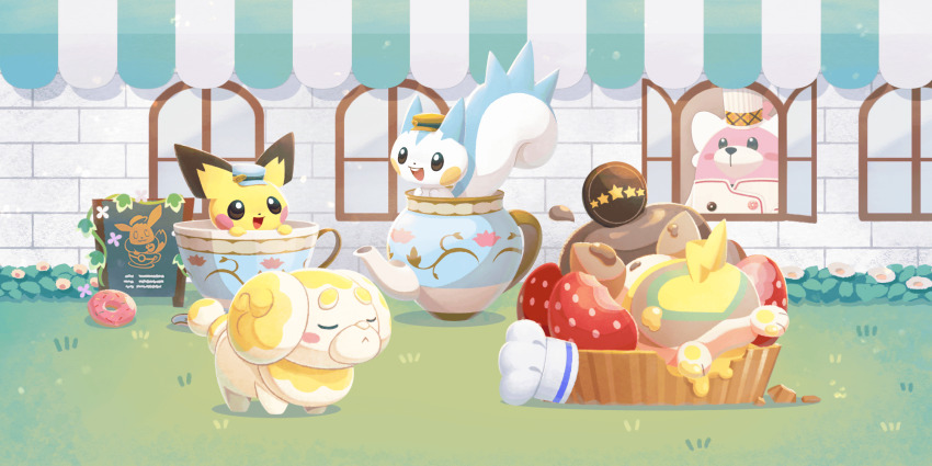 :d animal_focus artist_request awning bewear bewear_(pastry_chef) blue_hat blush blush_stickers chef_hat closed_eyes closed_mouth clothed_pokemon cup donut eating eevee fidough food fruit gen_1_pokemon gen_2_pokemon gen_4_pokemon gen_7_pokemon gen_8_pokemon grass hat highres in_teapot nintendo no_humans official_art open_mouth open_window oversized_food oversized_object pachirisu pachirisu_(tea_party) pichu pichu_(teacup) pokemon pokemon_(creature) pokemon_cafe_remix pokemon_focus shirt smile star_(symbol) strawberry teacup teapot teeth third-party_source unworn_hat unworn_headwear upper_teeth_only white_hat white_shirt window yamper yellow_hat