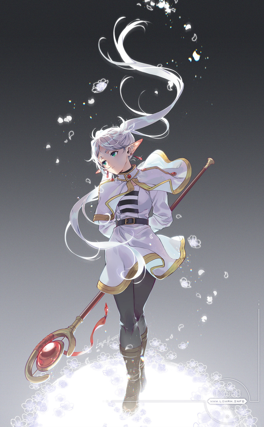 capelet commentary earrings elf english_commentary floating_earrings frieren grey_hair highres holding holding_staff jewelry long_sleeves lowah mage_staff pantyhose parted_bangs pointy_ears shirt sousou_no_frieren staff striped_clothes striped_shirt twintails white_capelet