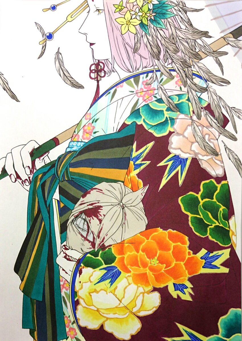 1boy 59awakadoy androgynous blood closed_mouth commentary_request falling_feathers feather_hair_ornament feathers floral_print floral_print_kimono flower from_side green_flower hair_flower hair_ornament haori highres holding holding_detached_head holding_umbrella japanese_clothes kimono original parasol pink_hair print_kimono profile red_haori red_lips sash severed_head short_hair tassel tassel_hair_ornament traditional_media umbrella upper_body white_background white_flower white_kimono yellow_eyes yellow_flower