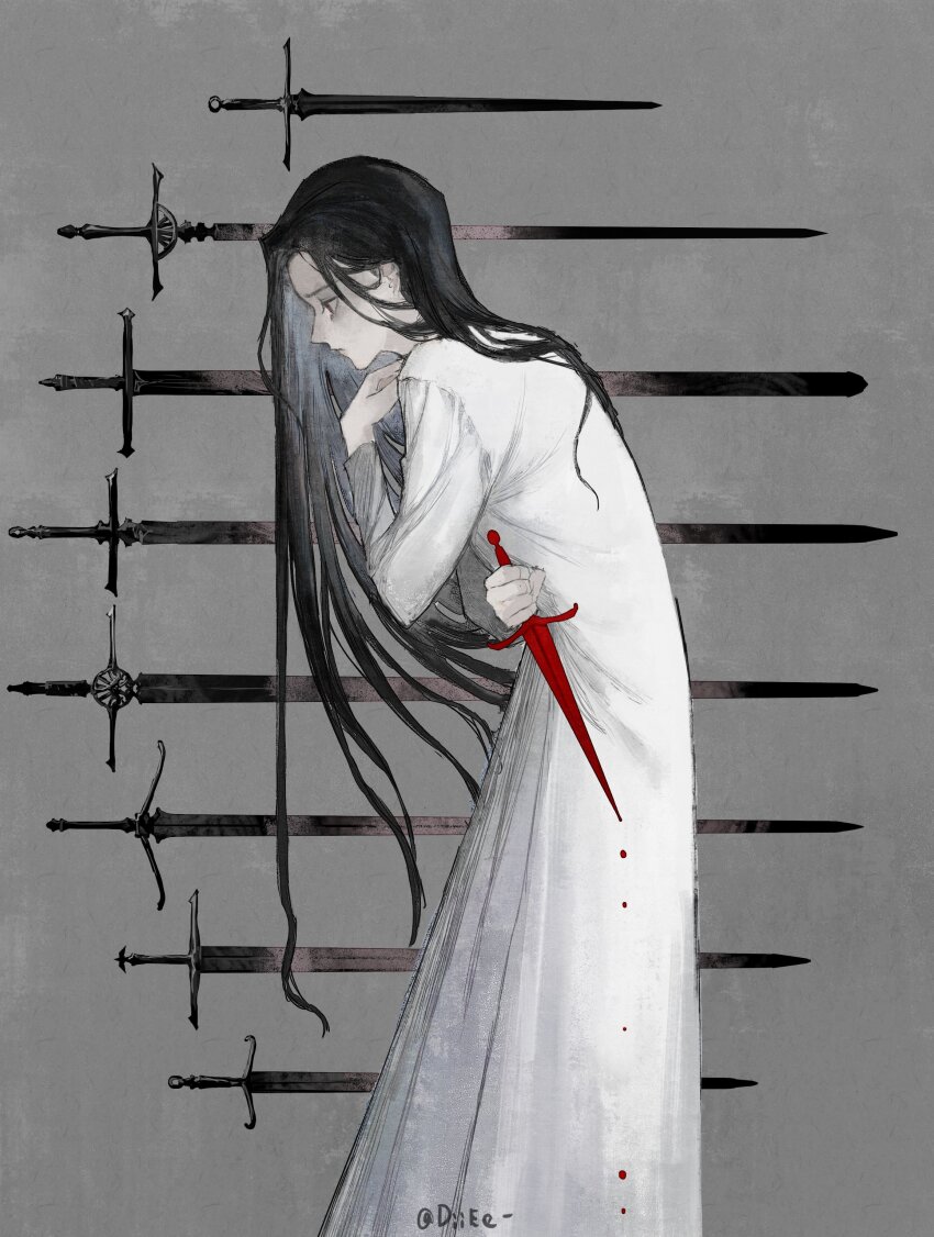 1girl absurdres black_hair blood bloody_knife carriann000 closed_mouth dress highres knife long_hair long_sleeves original pale_skin signature solo sword weapon weapon_request white_dress