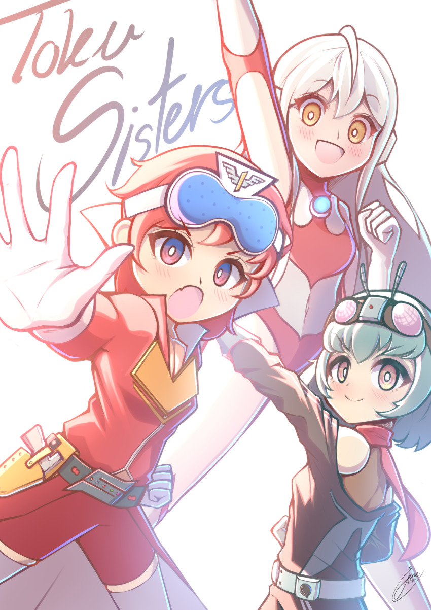3girls absurdres aka_ranger color_timer genderswap genderswap_(mtf) goggles goggles_on_head green_hair highres himitsu_sentai_gorenger holster kamen_rider kamen_rider_(1st_series) kamen_rider_1 multiple_girls personification red_hair rider-tan super_sentai tall_female the_x_(jene) ultra_series ultraman ultraman_(1st_series) white_hair