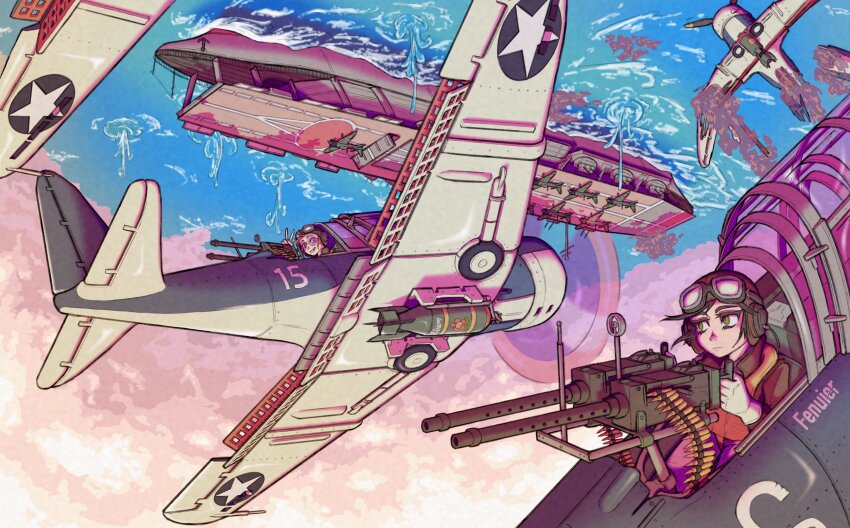 2girls a6m_zero absurdres aircraft_carrier airplane akagi_(aircraft_carrier) artist_name battle battle_of_midway browning_m2 fenuier gun heavy_machine_gun highres imperial_japanese_navy machine_gun military_uniform military_vehicle multiple_girls original propeller_fighter roundel sbd_dauntless ship smile united_states_navy upside-down warship watercraft waving weapon world_war_ii