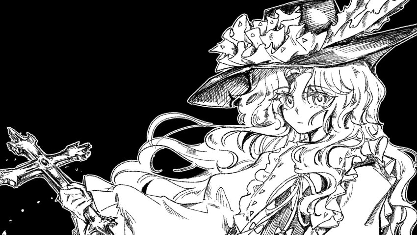 1girl black_background collared_shirt commentary_request cross dolls_in_pseudo_paradise fedora frilled_hat frilled_sleeves frills greyscale hat highres holding holding_cross jacket_girl_(dipp) long_hair long_sleeves looking_at_viewer monochrome shirt simple_background solo touhou uzumibi very_long_hair vest wavy_hair
