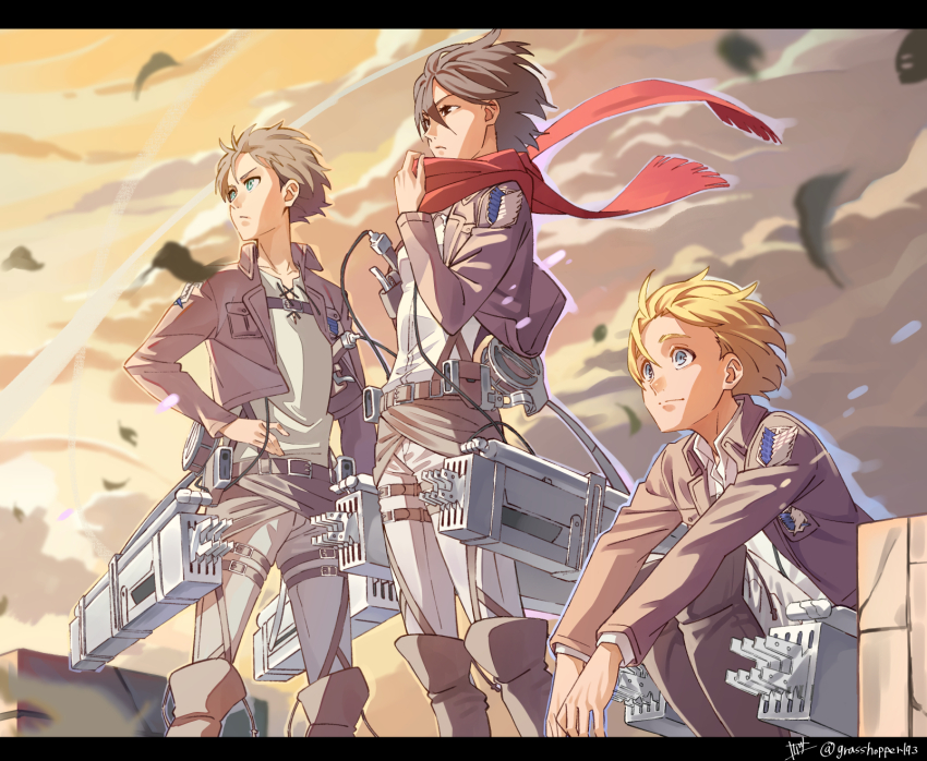 1girl 2boys armin_arlert artist_name belt black_eyes black_hair blonde_hair blue_eyes boots brown_belt brown_boots brown_jacket closed_mouth cropped_jacket day eren_yeager floating_clothes grasshopper193 green_eyes hand_on_own_hip highres jacket knee_boots leaf letterboxed long_sleeves looking_ahead mikasa_ackerman multiple_boys outdoors pants paradis_military_uniform red_scarf scarf shingeki_no_kyojin shirt short_hair squatting standing survey_corps_(emblem) three-dimensional_maneuver_gear turning_head twitter_username white_pants white_shirt