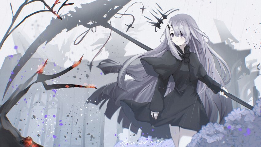 absurdres black_capelet black_dress burnt capelet dress flower hair_ornament hairpin highres holding holding_scythe holding_weapon indie_virtual_youtuber long_hair noir_(noworld) noworld piano_keys scythe very_long_hair weapon white_hair yoihami_294