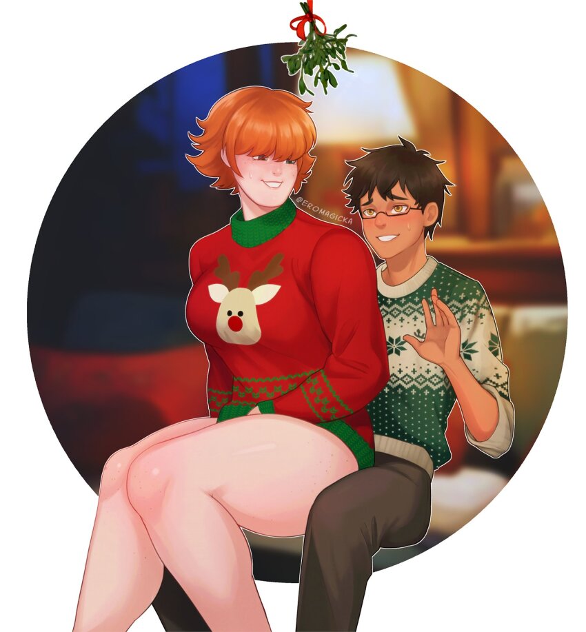 1boy 1girl blush brown_hair christmas couple dark-skinned_male dark_skin eromagicka glasses green_eyes highres messy_hair muscular muscular_female nervous_smile nervous_sweating orange_hair pale_skin red_hair short_hair sitting sitting_on_lap sitting_on_person smile sweat sweatdrop sweater tall_female thick_thighs thighs turtleneck turtleneck_sweater yellow_eyes