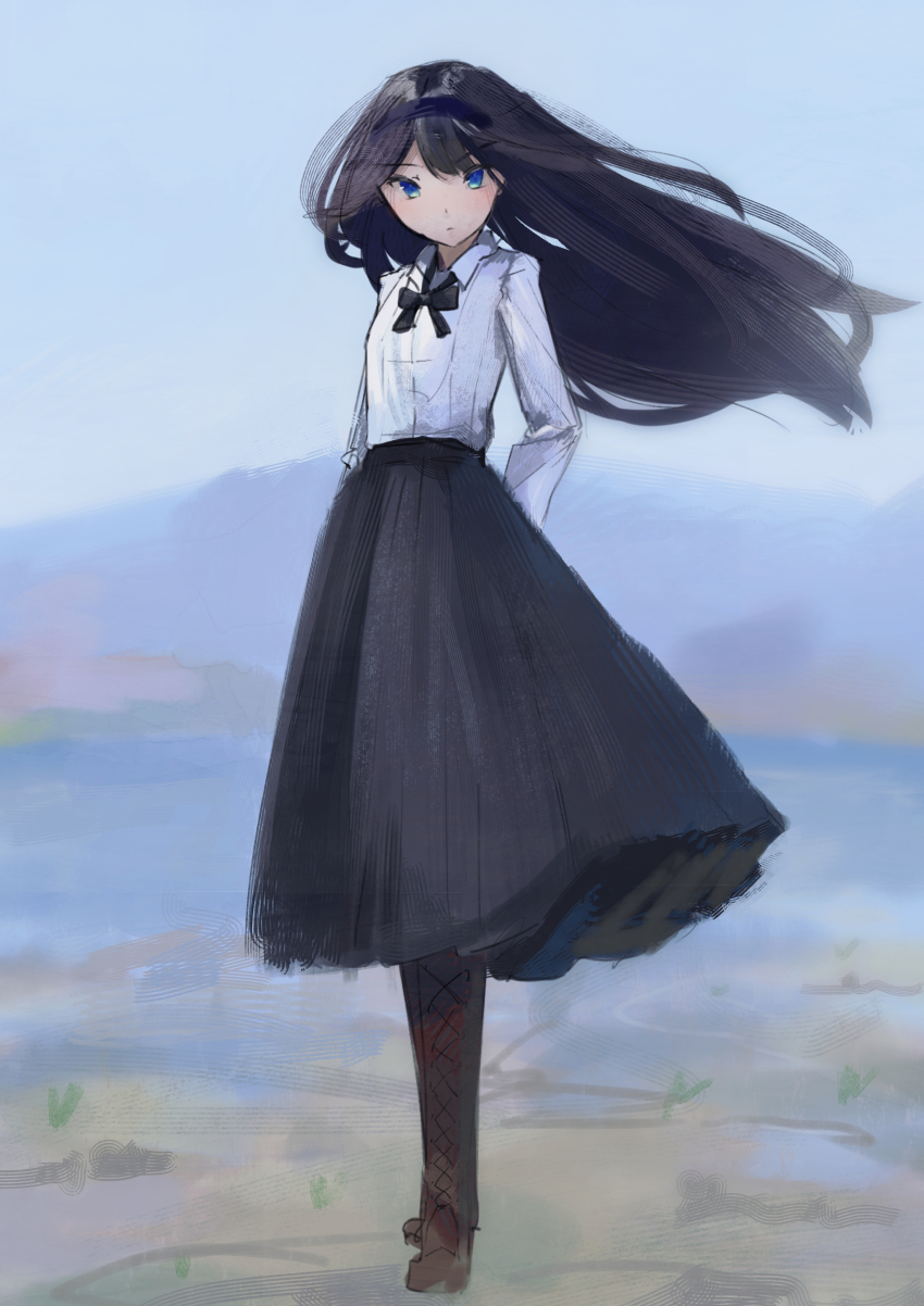 1girl absurdres black_hair black_hairband black_skirt blue_eyes boots breasts brown_boots deko_morii full_body hairband highres knee_boots long_hair long_sleeves looking_at_viewer school_uniform shirt skirt small_breasts solo tohno_akiha tsukihime white_shirt