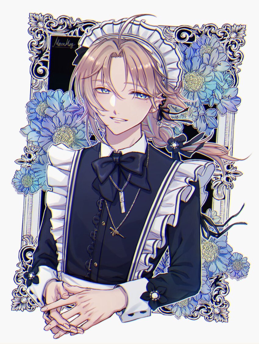 1boy apron black_bow black_dress black_ribbon blue_eyes bow braid braided_ponytail brown_hair crossdressing crossed_hands dress ear_piercing floral_print frilled_dress frills highres jewelry kanae_(20th_costume)_(nijisanji) kanae_(nijisanji) looking_to_the_side maid maid_apron maid_headdress male_focus mole mole_under_eye moxamog nijisanji nijisanji_en parted_lips piercing ribbon ring roto_(kanae) upper_body virtual_youtuber