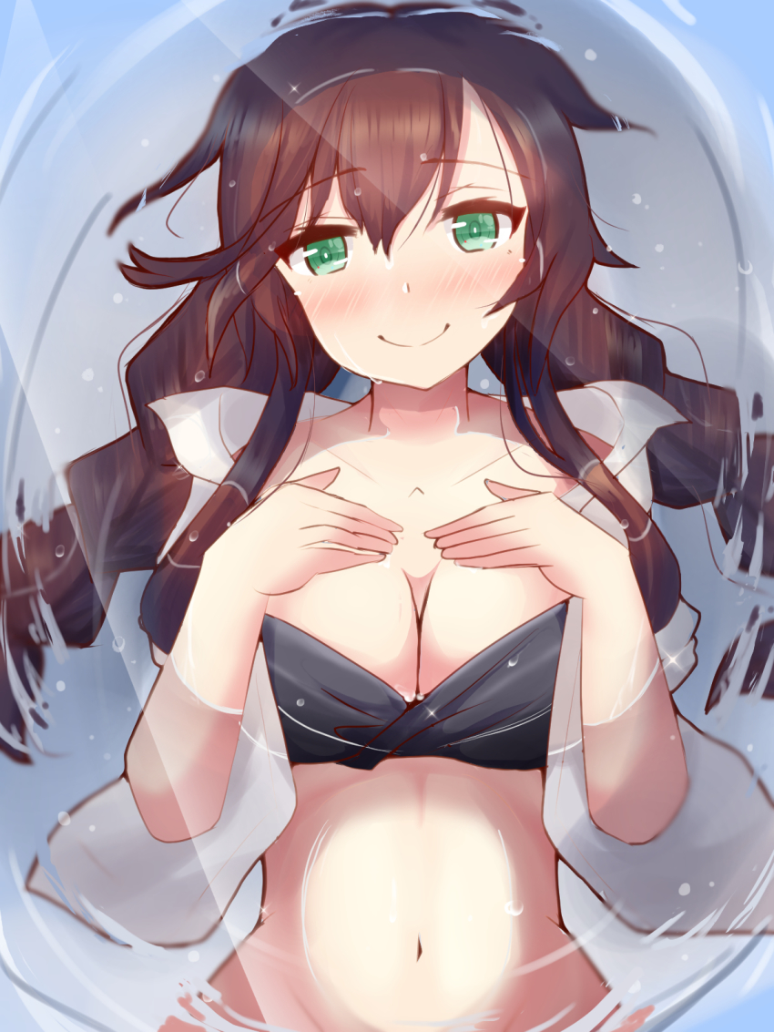 1girl bikini black_bikini braid breasts brown_hair cleavage commentary_request green_eyes highres kantai_collection large_breasts long_hair looking_at_viewer noshiro_(kancolle) noshiro_(swimsuit)_(kancolle) official_alternate_costume open_clothes open_shirt parted_lips pink_hair sawatani_(chevalier_04056) shirt smile solo swept_bangs swimsuit twin_braids upper_body water white_shirt