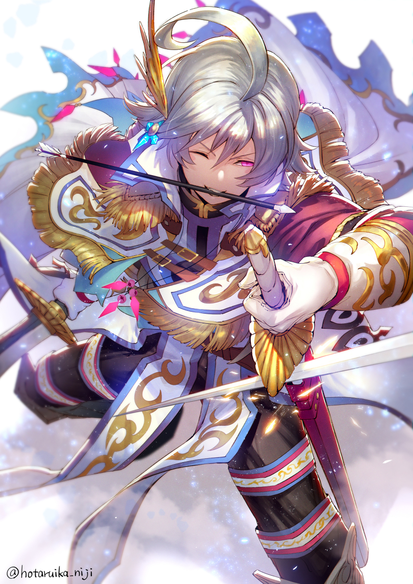 1boy absurdres ahoge alloces_(megido72) arrow_(projectile) belt black_pants capelet commentary_request dual_wielding gloves gold_trim highres holding holding_sword holding_weapon hotaruika_niji megido72 mouth_hold one_eye_closed pants red_eyes sheath silver_hair smile snow solo sword unsheathing weapon white_gloves