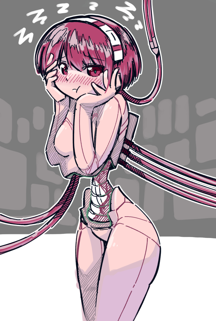 1girl :t android blush breasts cable closed_mouth commentary_request completely_nude cowboy_shot dorothy_haze embarrassed hairband hands_on_own_face highres joints looking_at_viewer maintenance mechabare medium_breasts mikiji no_nipples nude pout red_eyes red_hair robot_joints short_hair simple_background solo squiggle standing va-11_hall-a