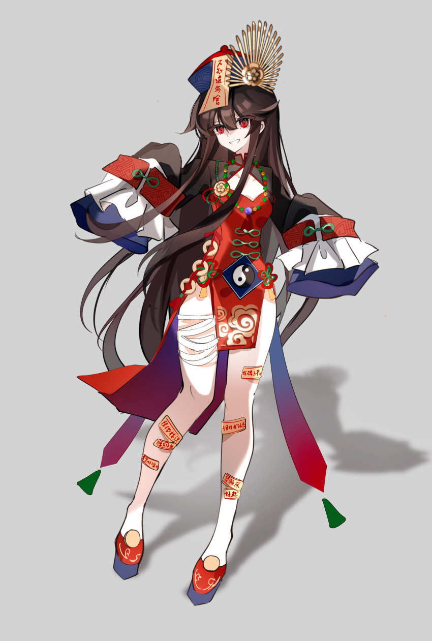 1girl absurdres alternate_costume bandaged_leg bandages black_hair chinese_clothes dress fate/grand_order fate_(series) full_body grin hat highres jiangshi long_hair looking_at_viewer oda_nobunaga_(fate) oda_nobunaga_(koha-ace) ofuda outstretched_arms pelvic_curtain qingdai_guanmao red_dress red_eyes simple_background sleeves_past_fingers sleeves_past_wrists smile xixing_chun zombie_pose