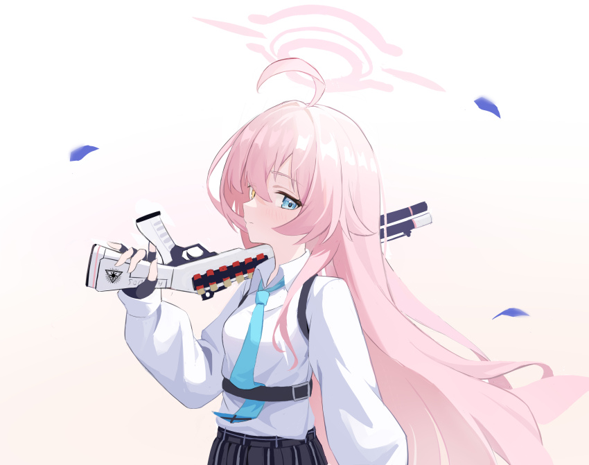 1girl absurdres ahoge black_gloves blue_archive blue_eyes blue_necktie breasts chest_harness chinese_commentary closed_mouth collared_shirt commentary_request fengshengruyu fingerless_gloves gloves gradient_background gun halo harness heterochromia highres holding holding_gun holding_weapon hoshino_(blue_archive) long_hair long_sleeves looking_at_viewer necktie over_shoulder pink_hair pink_halo plaid_clothes plaid_skirt profile shirt shirt_tucked_in shotgun simple_background skirt small_breasts solo upper_body weapon weapon_over_shoulder white_background white_shirt yellow_eyes