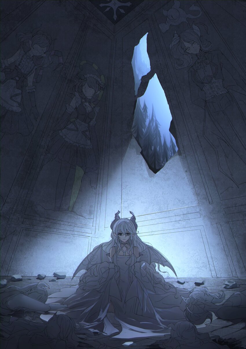 1girl arianna_the_labrynth_servant arianne_the_labrynth_servant arias_the_labrynth_butler breasts cameo cleavage demon_girl demon_horns demon_wings dress duel_monster grey_eyes grey_hair highres horns lady_labrynth_of_the_silver_castle large_breasts long_hair looking_at_viewer lovely_labrynth_of_the_silver_castle low_wings multiple_wings pointy_ears solo transparent_wings uragawai wings yu-gi-oh!