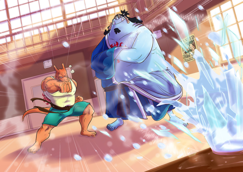 1boy black_hair black_sash character_request chest_tattoo commission crossed_arms dutch_angle full_body half_updo indoors jinbe_(one_piece) konnybee long_hair male_focus one_piece sash shorts smile sweatdrop tank_top tattoo tusks wanted_poster water white_tank_top