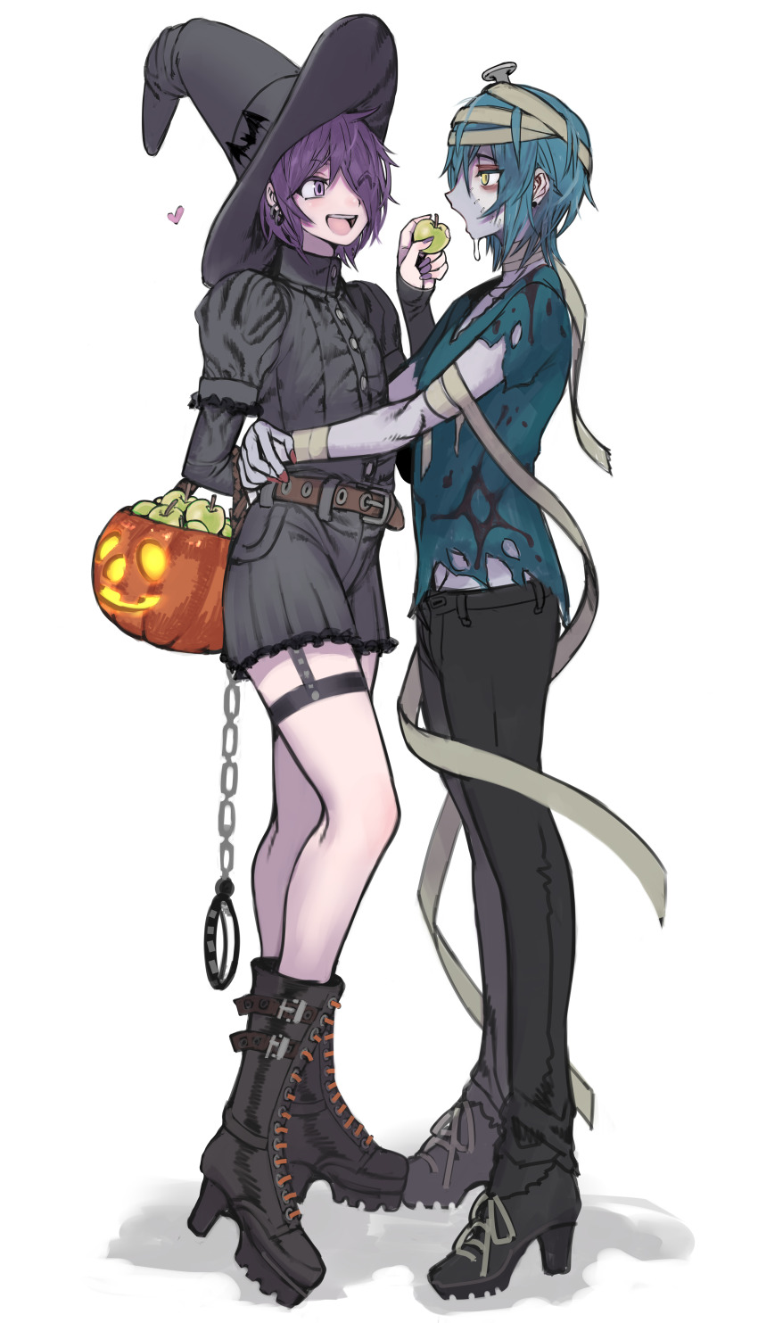 2boys 2n5 absurdres androgynous apple bad_id bad_twitter_id bandaged_head bandages bat_(animal) belt black_dress black_hat blue_hair brown_belt colored_skin commentary cosplay dress food frankenstein frankenstein&#039;s_monster frankenstein&#039;s_monster_(cosplay) fruit green_apple grey_skin halloween_bucket halloween_costume hat highres jack-o&#039;-lantern juliet_sleeves long_sleeves looking_at_another male_focus multiple_boys object_through_head one_eye_closed open_mouth original puffy_sleeves pumpkin purple_eyes purple_hair screw_in_head shirt short_hair stitches symbol-only_commentary torn_clothes torn_shirt trap witch_hat yellow_eyes