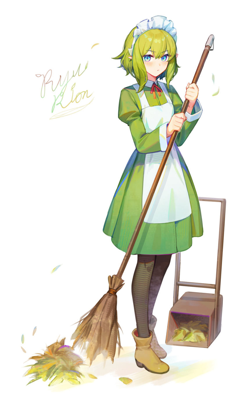 1girl absurdres apron blue_eyes boots broom dl_(dl_6ix) dress dungeon_ni_deai_wo_motomeru_no_wa_machigatteiru_darou_ka frilled_headwear full_body green_dress green_hair highres holding holding_broom neck_ribbon pointy_ears red_ribbon ribbon ryu_lion solo white_apron white_headdress yellow_boots