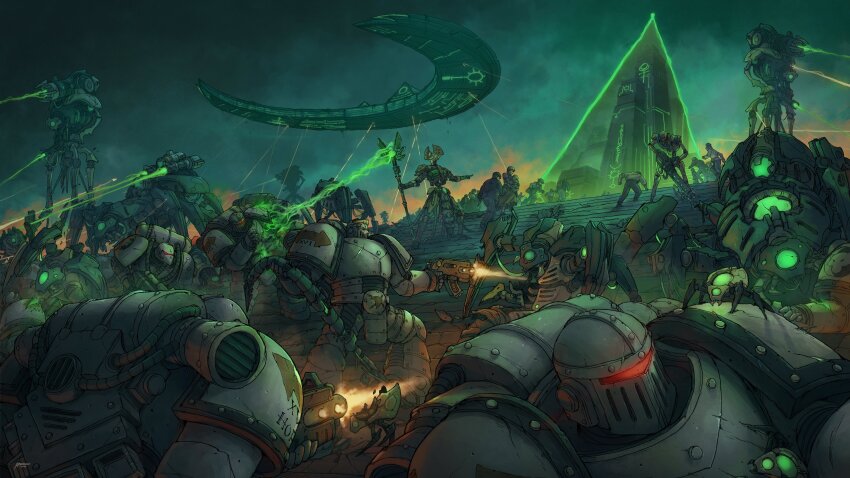 6+boys 6+girls absurdres adeptus_astartes armor carl_tabora carrying child_carry energy_barrier fanfiction_available father_and_daughter fighting fleeing gun highres holding holding_bolter holding_gun holding_staff holding_weapon looking_back luna_wolves mechanical_spine mother_and_daughter multiple_boys multiple_girls necron necron_overlord night night_sky pauldrons portal_(object) power_armor robot scarab shoulder_armor sky spacecraft staff stairs tomb war warhammer_40k weapon
