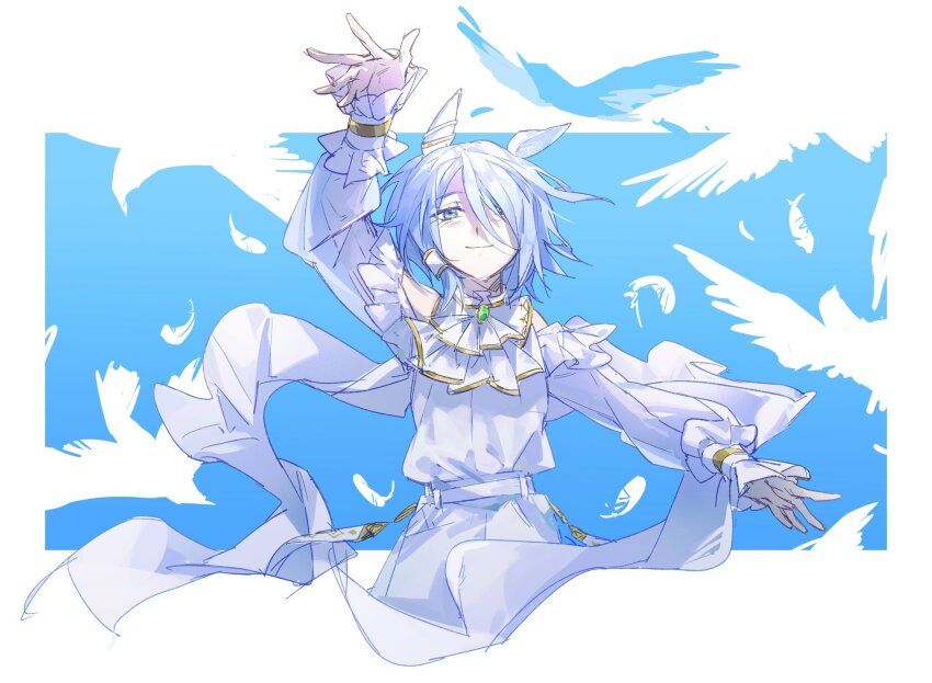 1girl animal_ears arm_up ascot bare_shoulders belt bird blue_background blue_eyes cropped_legs ear_ornament feathers floating_clothes gem green_gemstone hair_between_eyes hair_ornament hair_over_one_eye highres horse_ears horse_girl k.s.miracle_(umamusume) light_smile long_sleeves looking_at_viewer pants parted_bangs see-through_clothes see-through_sleeves shirt short_hair sleeve_cuffs solo standing umamusume upper_body white_ascot white_background white_feathers white_hair white_pants white_shirt white_sleeves zizzu