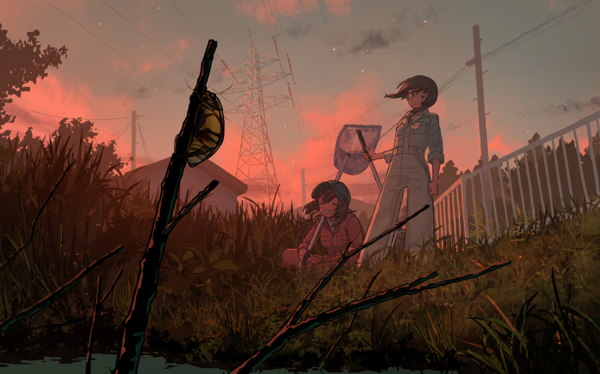 ^_^ animal brown_hair bug butterfly_net closed_eyes cloud commentary evening grass grin hand_net highres holding holding_butterfly_net house looking_at_animal natsuno_kanasemi original outdoors power_lines scenery short_hair sitting sky smile standing star_(sky) teeth transformer utility_pole