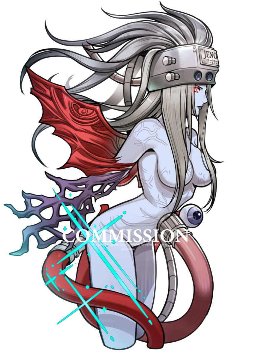 1girl alien blue_skin breasts cleavage colored_skin commission cowboy_shot cropped_legs eyeball final_fantasy final_fantasy_vii final_fantasy_vii_remake glowing glowing_eyes grey_hair helmet highres jenova lukrevadraws medium_breasts parted_bangs red_eyes red_wings single_wing solo veins veiny_arms veiny_stomach white_background wings