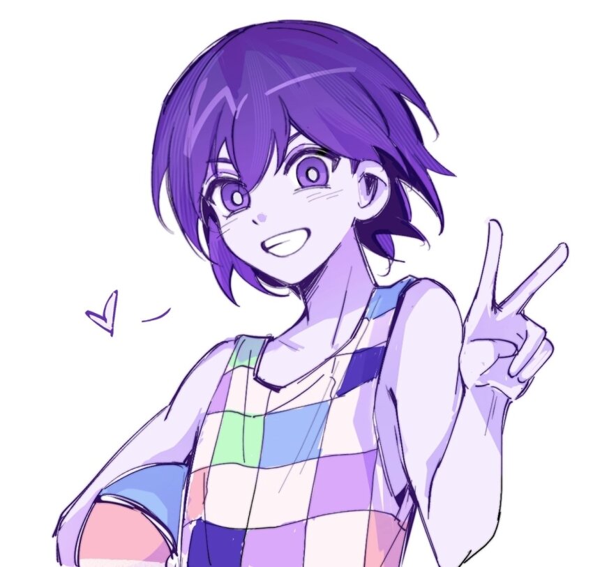 1boy ball bare_arms bare_shoulders beachball bright_pupils checkered_clothes colored_skin commentary double-parted_bangs elbow_carry grin hair_behind_ear hair_between_eyes hand_up heart kel_(headspace)_(omori) kel_(omori) looking_at_viewer male_focus niu_tata omori purple_eyes purple_hair purple_skin short_hair simple_background smile solo symbol-only_commentary tank_top upper_body v white_background white_pupils