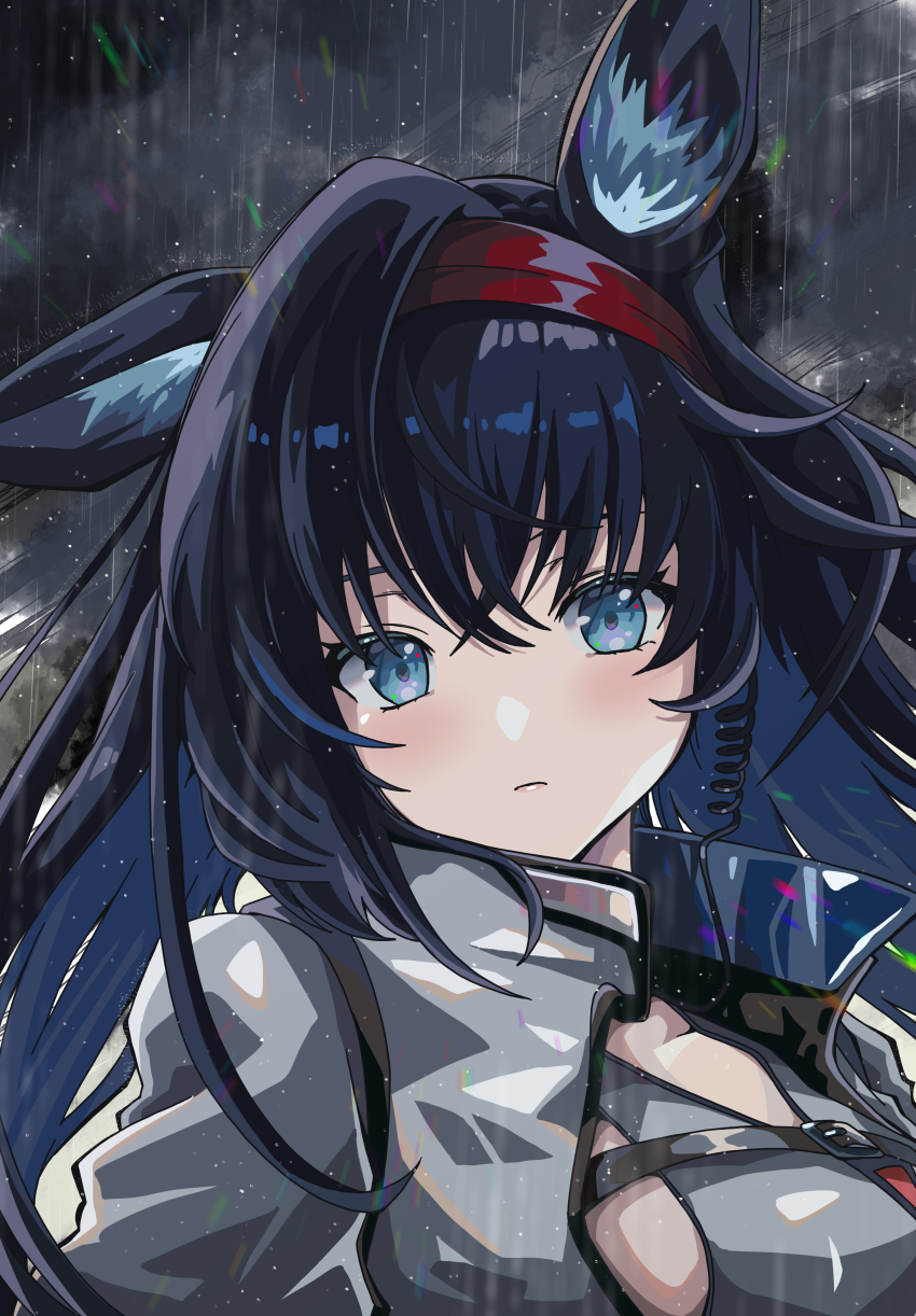 1girl absurdres animal_ears arknights blaze_(arknights) blue_eyes blue_hair breasts closed_mouth cloud cloudy_sky collarbone forest_(4423) hair_between_eyes hairband highres jacket long_hair looking_at_viewer partially_open_jacket rain red_hairband single_ear_down sky solo upper_body white_jacket